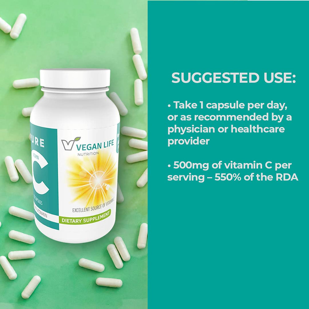 Vegan Life Nutrition Vitamin C bottle on shelf with gluten-free and non-GMO labeling.