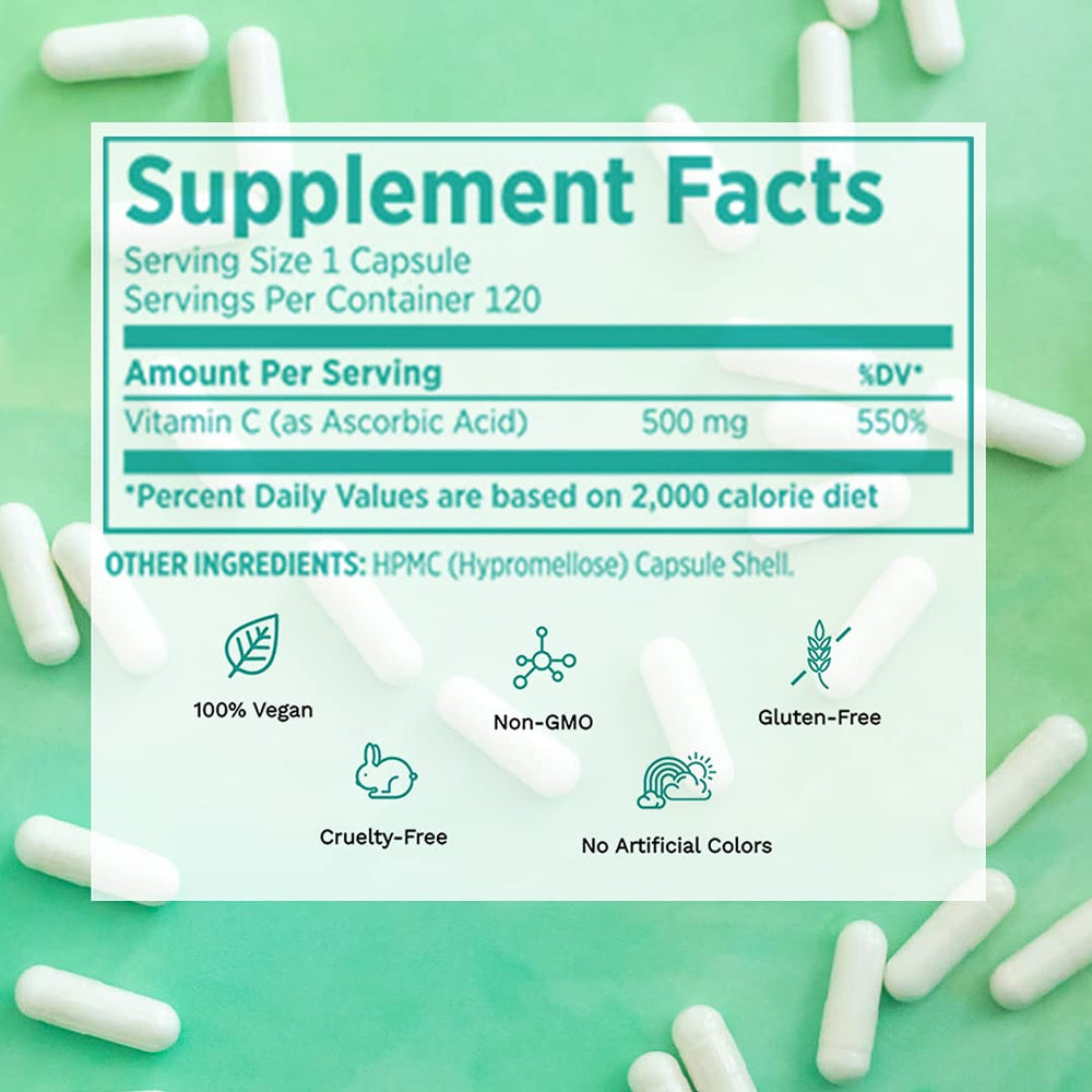 Vegan Life Nutrition Vitamin C capsules pouring from bottle for easy daily use.