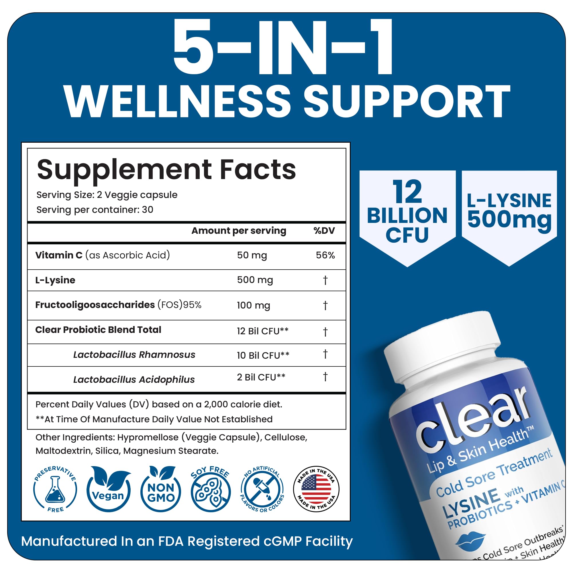 Clear Probiotics vegan non-GMO capsules with clean ingredient story.