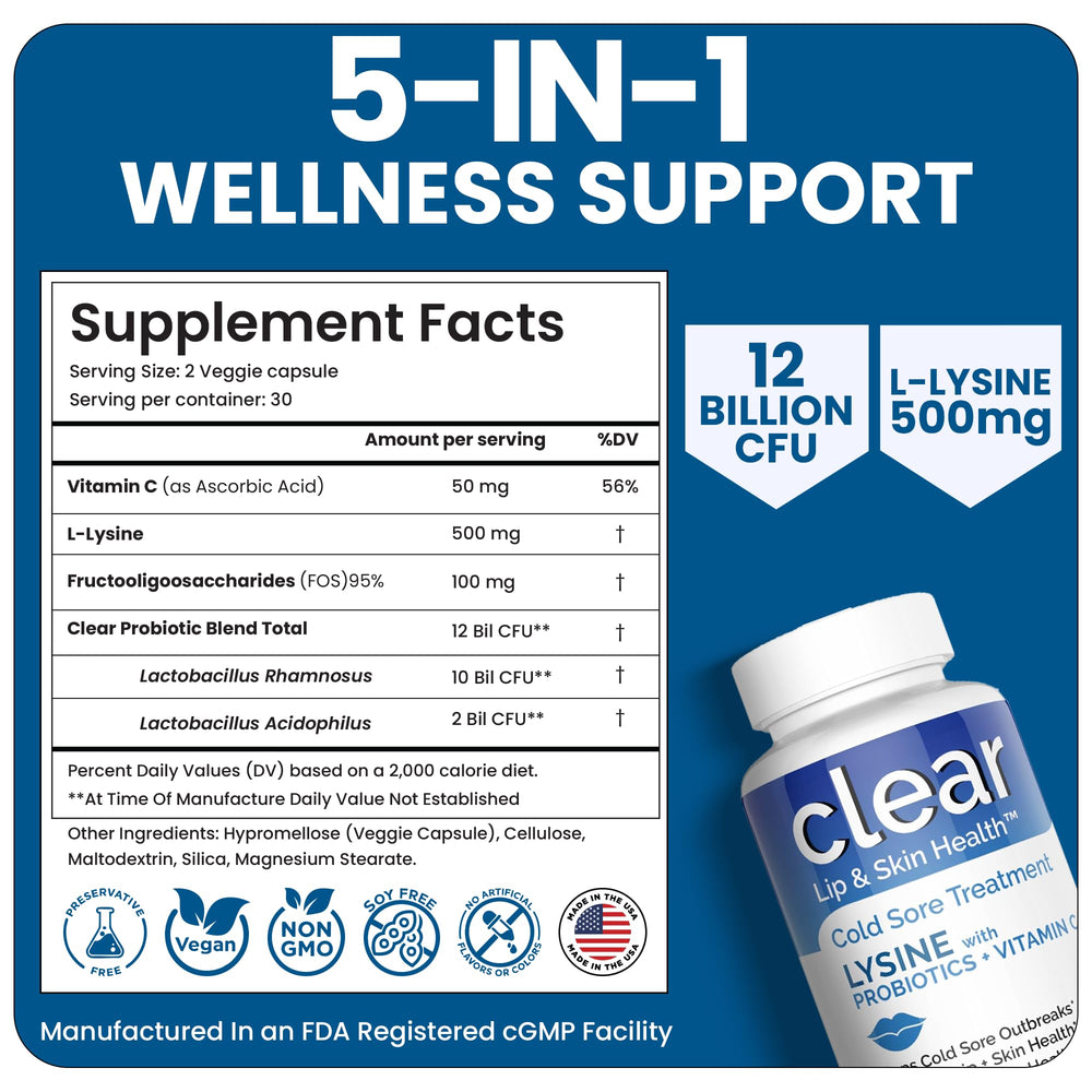 Clear Probiotics vegan non-GMO capsules with clean ingredient story.