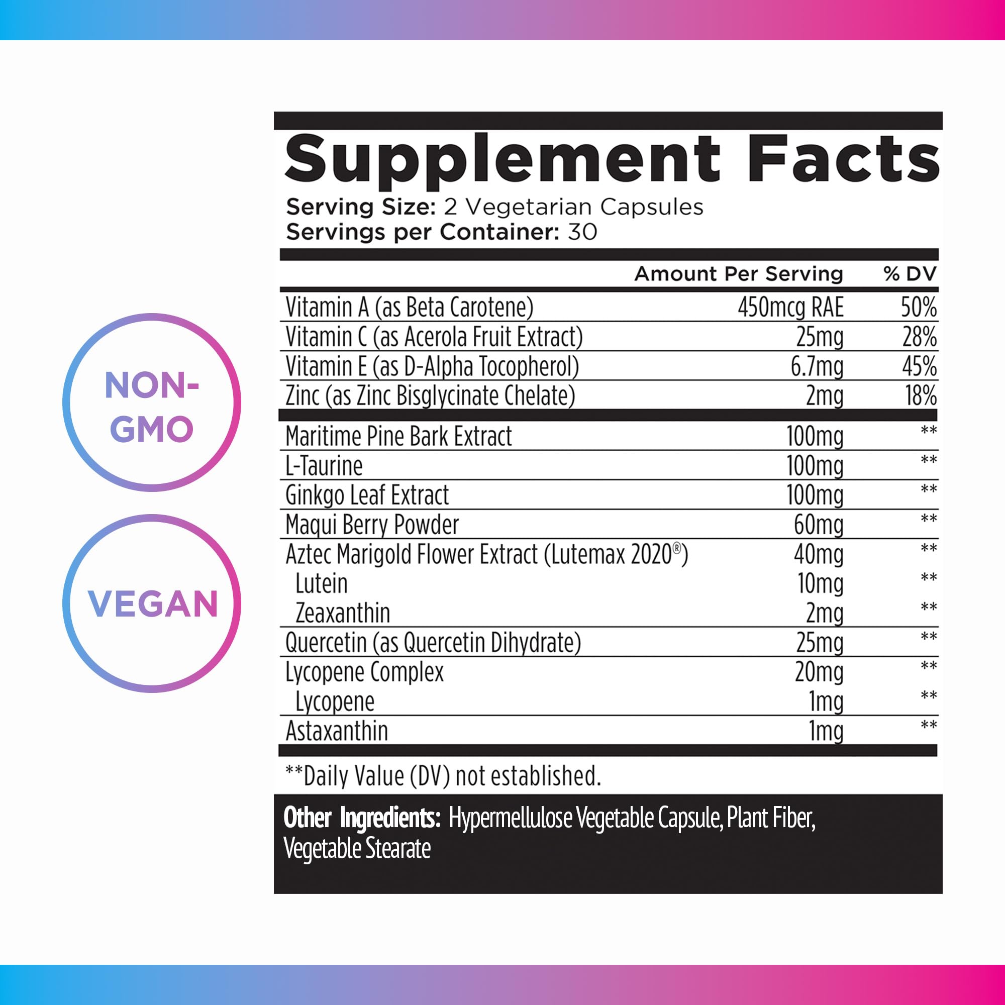 Vegan, non-GMO label highlights clean ingredients for eye health.