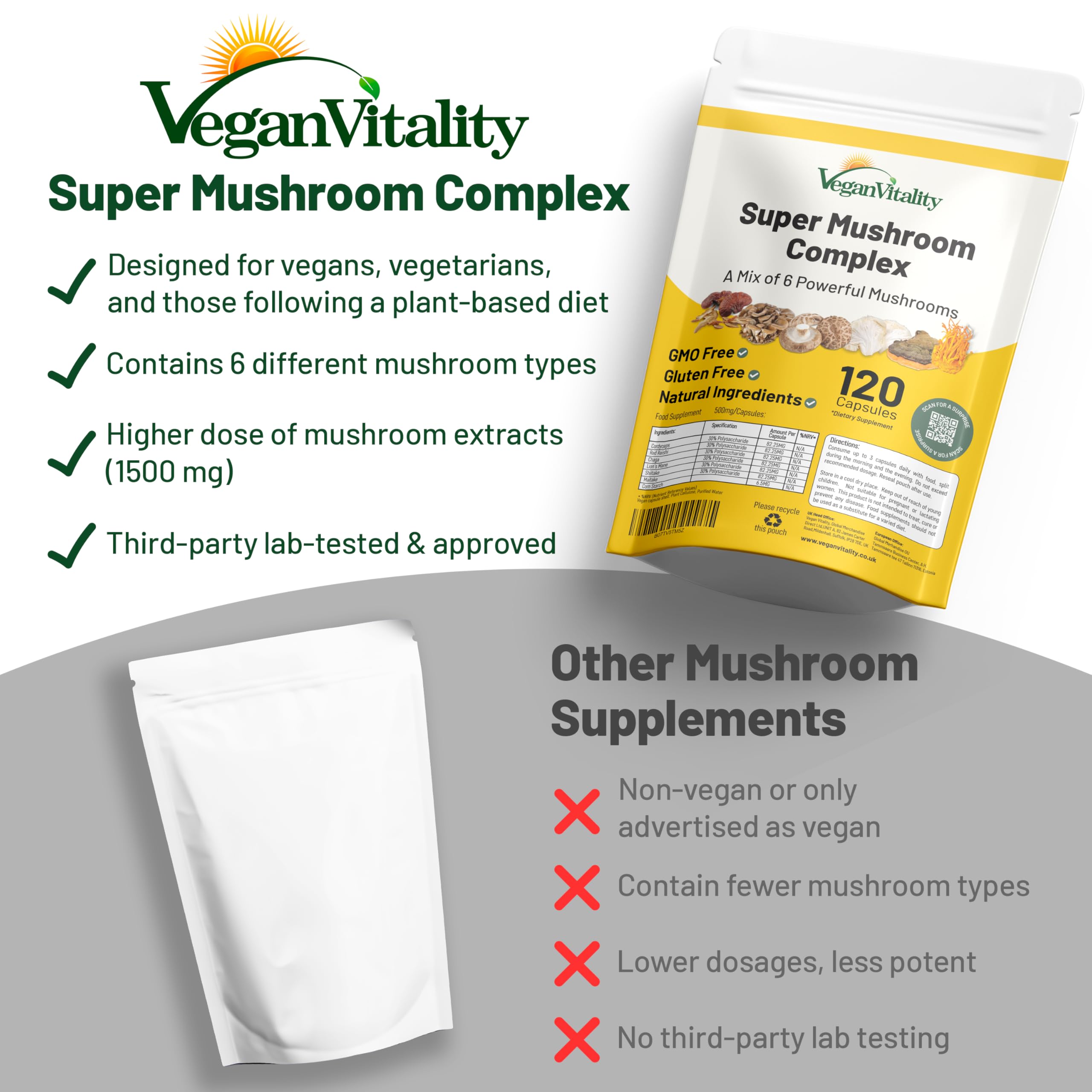 Vegan Vitality Chaga Shiitake Maitake capsules on light background, illustrating immune-support potential.