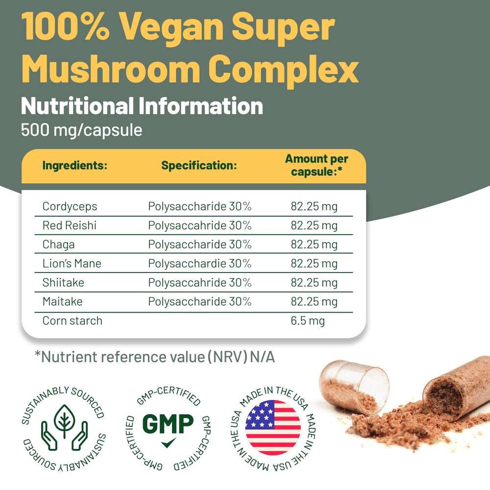 Vegan Vitality Lions Mane capsules close-up, designed to support memory and attention.