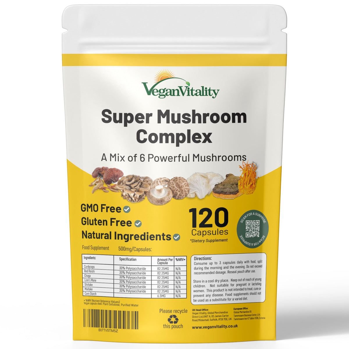 Vegan Vitality multi mushroom supplement bottle, ideal for daily focus and sustained energy.