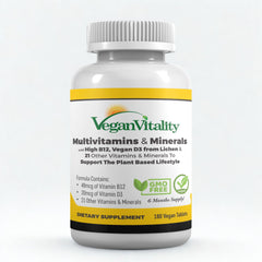Vegan Vitality bottle with 180 tablets, six-month daily nutrition supply.