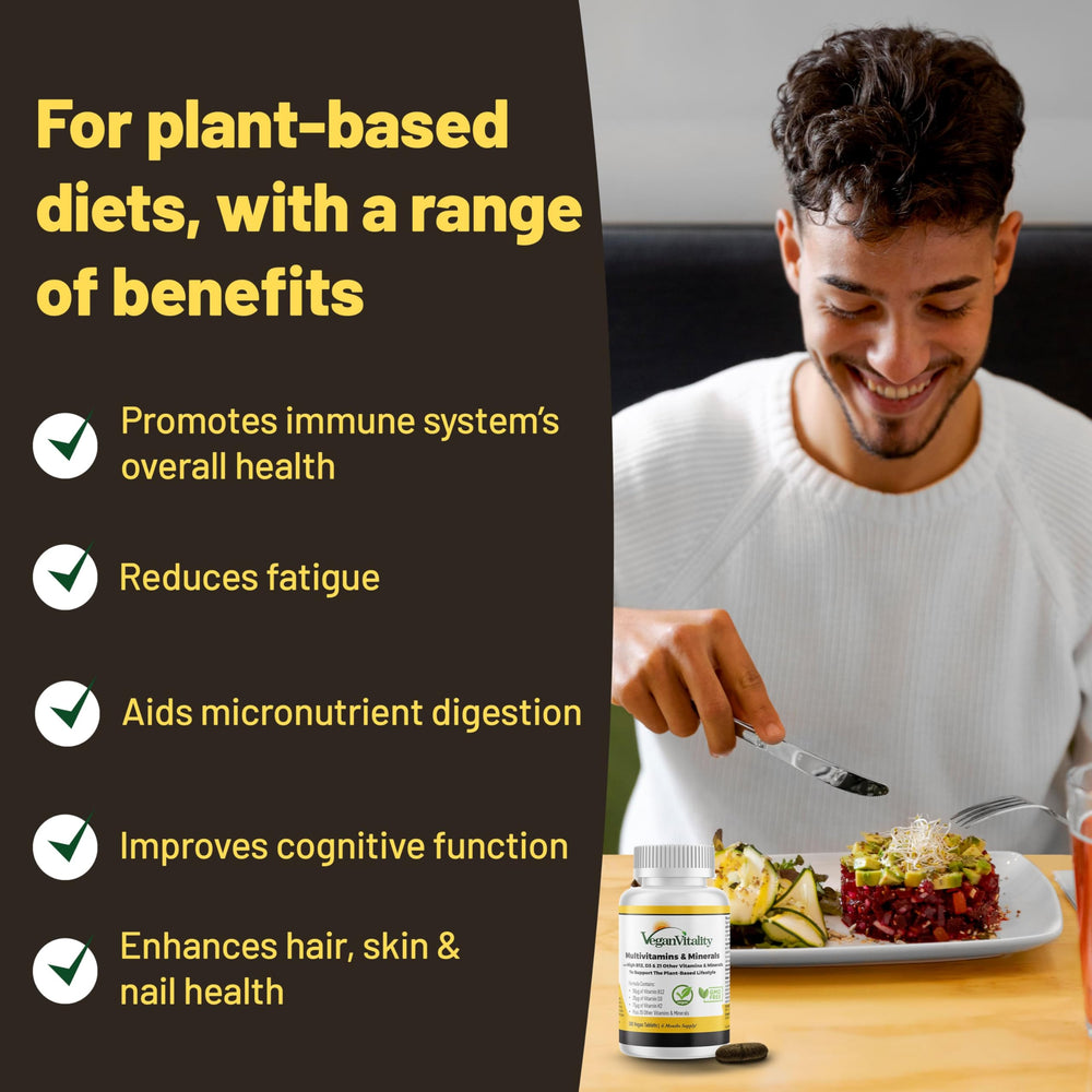 Tablets being dispensed from the bottle, convenient daily vegan nutrition.