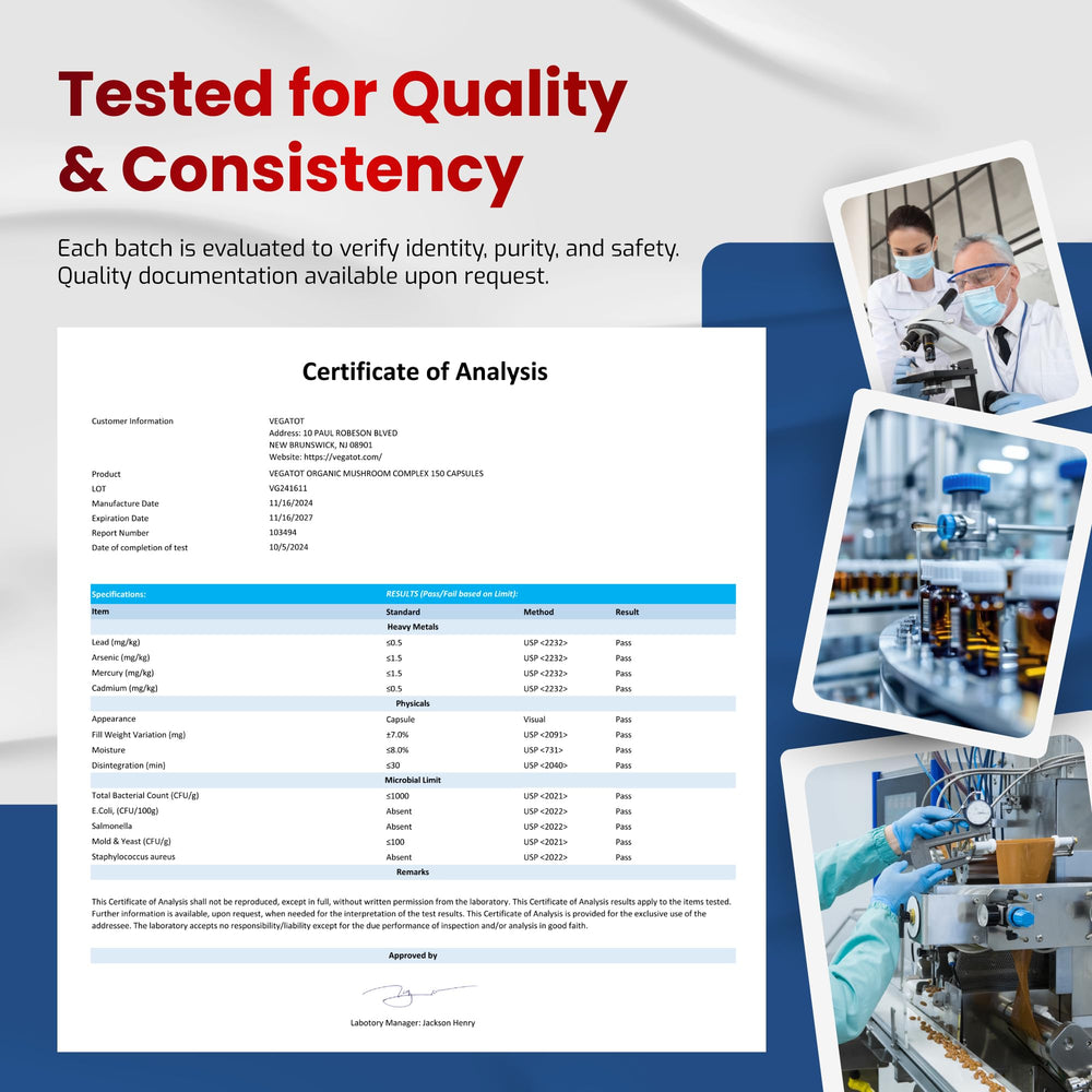 VEGATOT cGMP facility imagery signaling strict manufacturing standards.