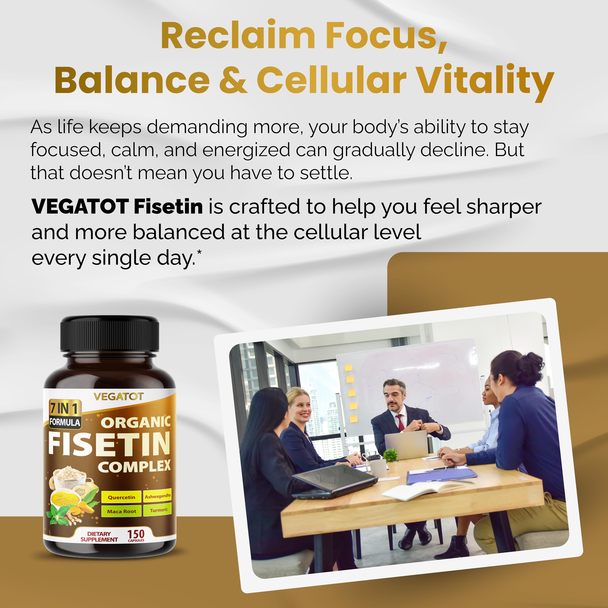 VEGATOT Fisetin Complex ingredients closeup highlighting six premium components