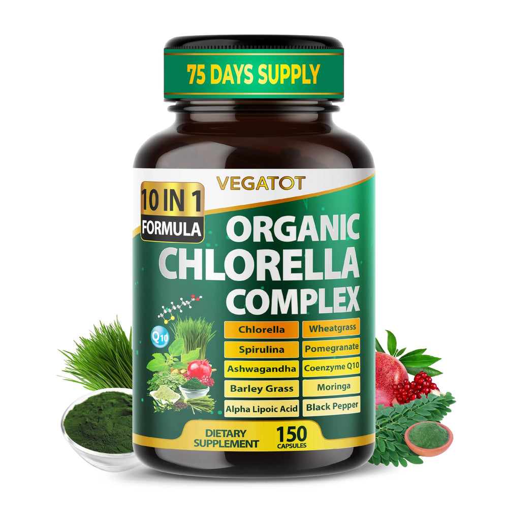 VEGATOT premium chlorella bottle for your daily greens routine.