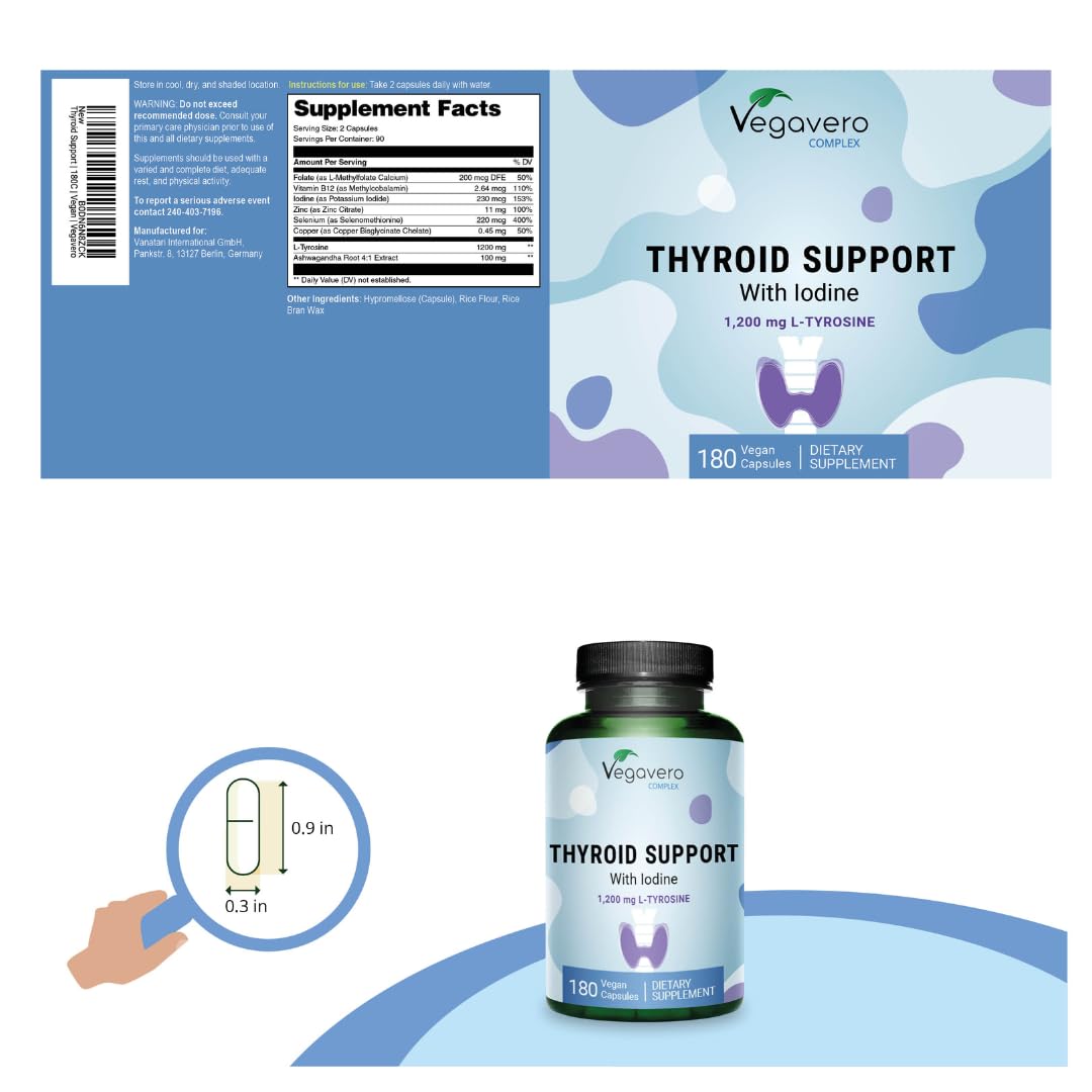 Vegavero Thyroid Support label close-up highlighting vegan nutrients for daily energy balance.