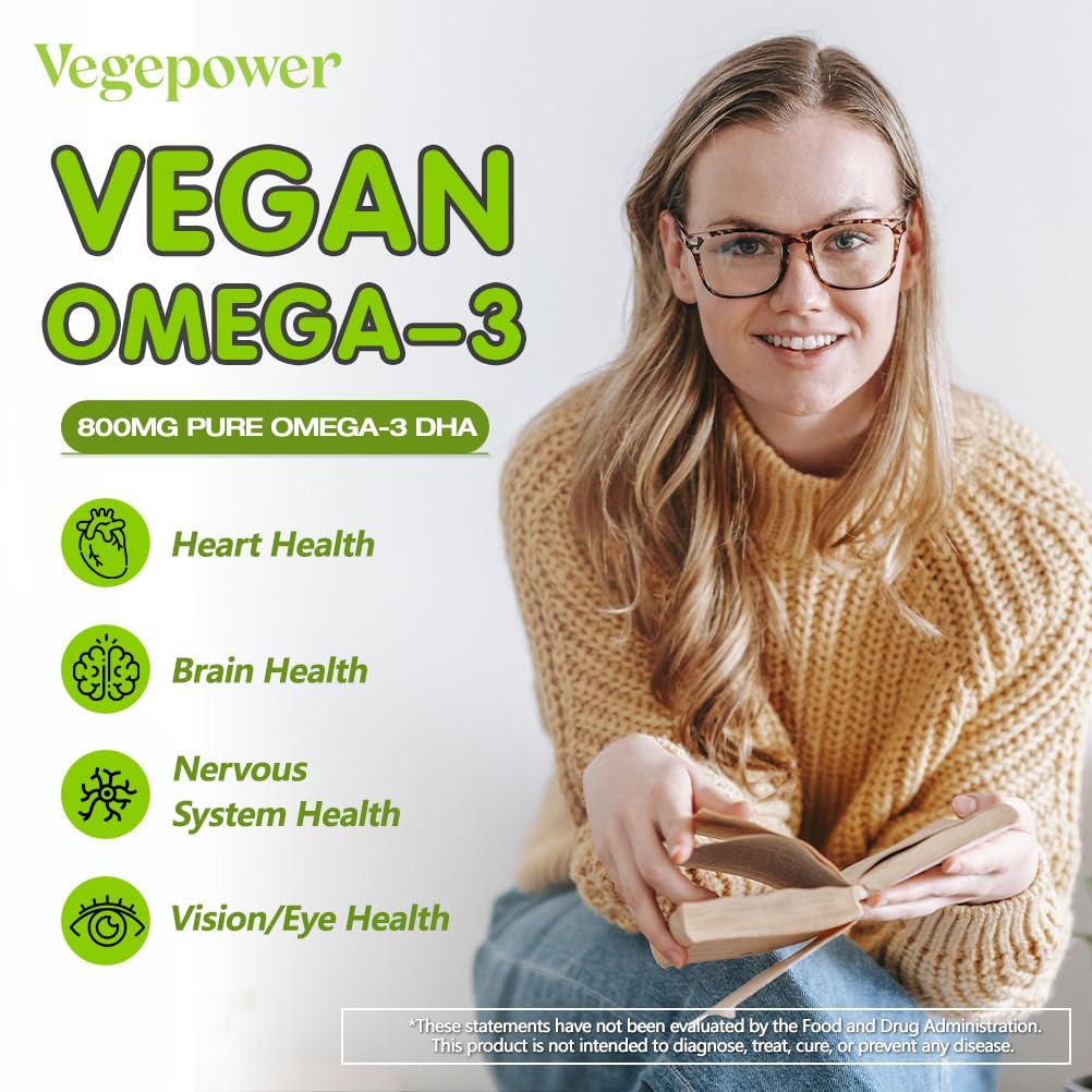 VEGEPOWER algae oil DHA capsules being poured for daily use.