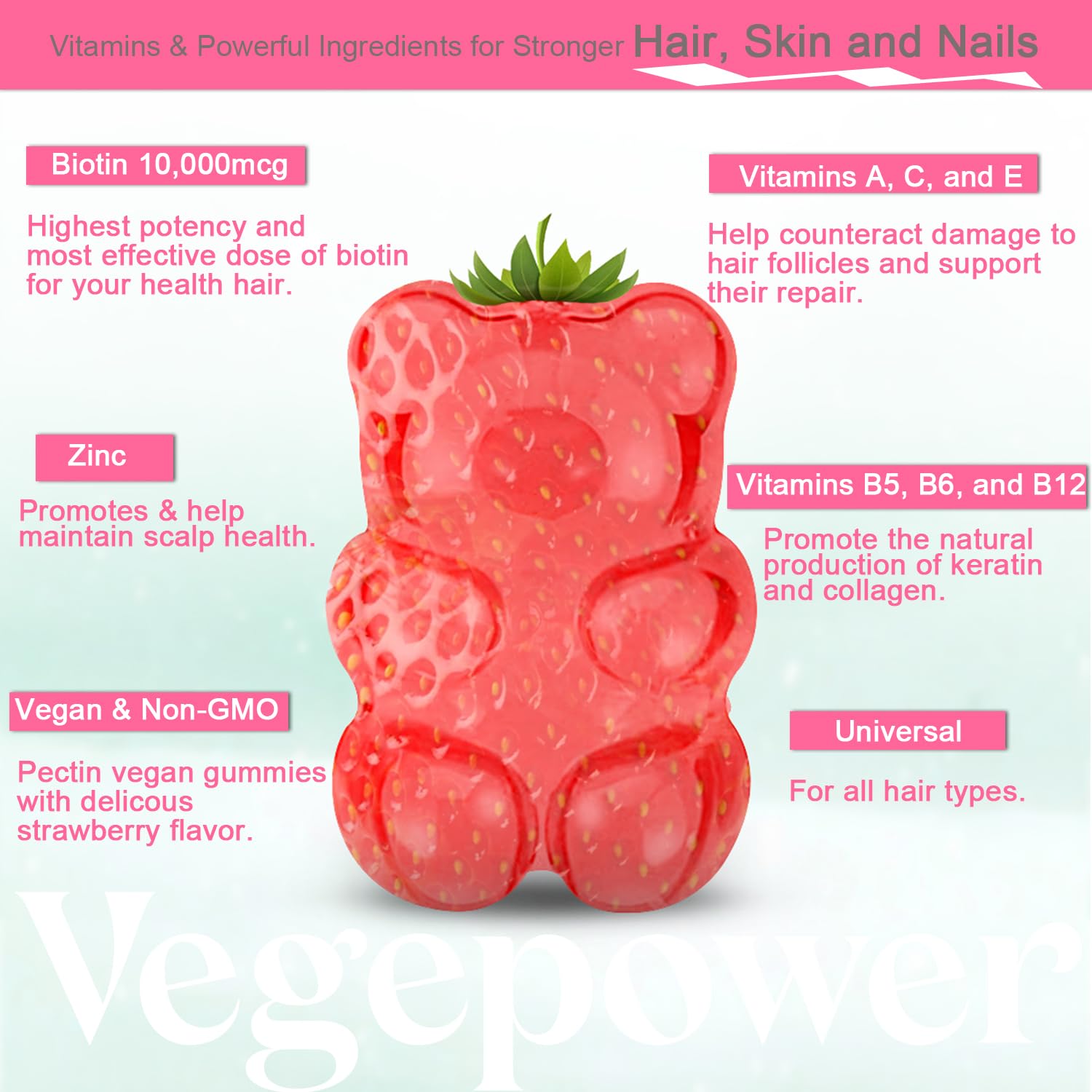Ingredients panel on VEGEPOWER Biotin Gummies highlights vegan, non-GMO formula.
