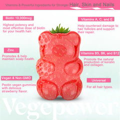 Ingredients panel on VEGEPOWER Biotin Gummies highlights vegan, non-GMO formula.