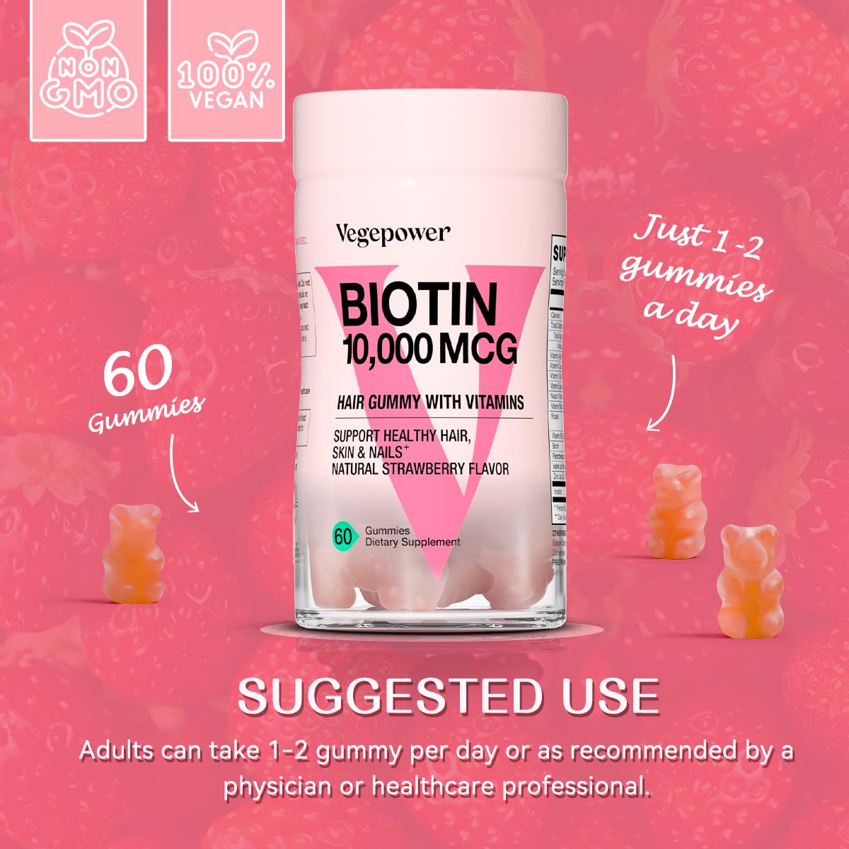 Bottle sits beside fresh strawberries to emphasize flavor and daily use.