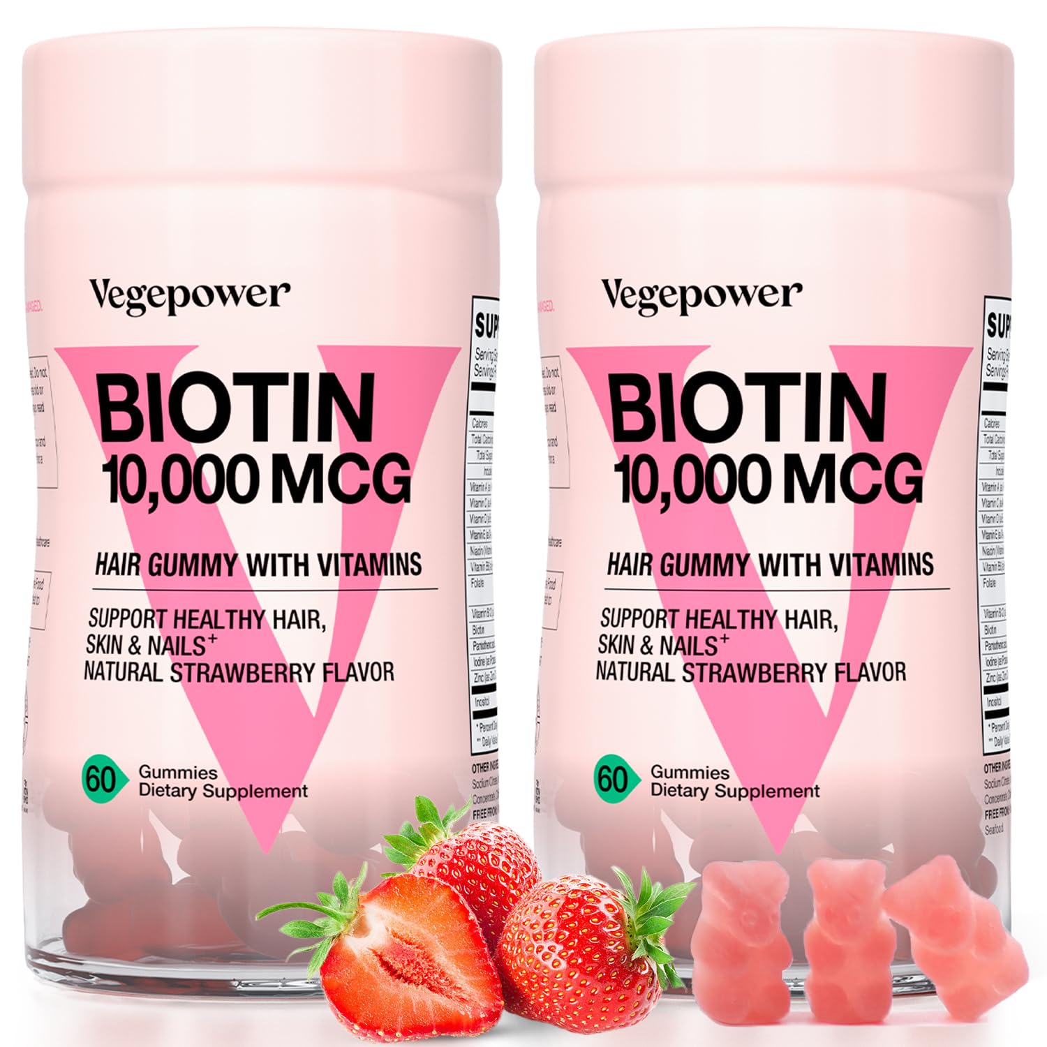 VEGEPOWER Biotin Gummies bottle with strawberry flavor for daily beauty support.