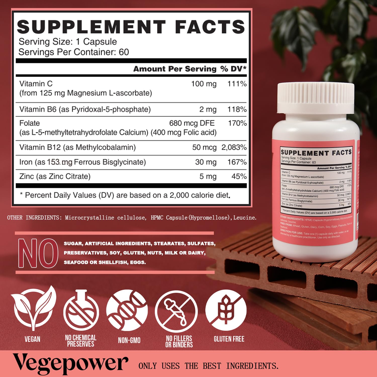 VEGEPOWER: etiqueta destacando nutrientes clave para la ingesta diaria.