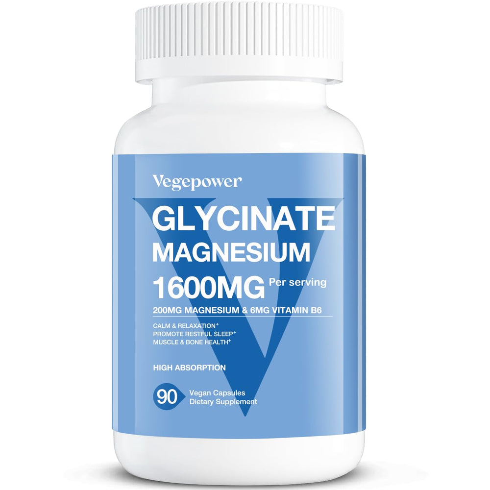 VEGEPOWER Magnesium Glycinate bottle highlights high absorption.