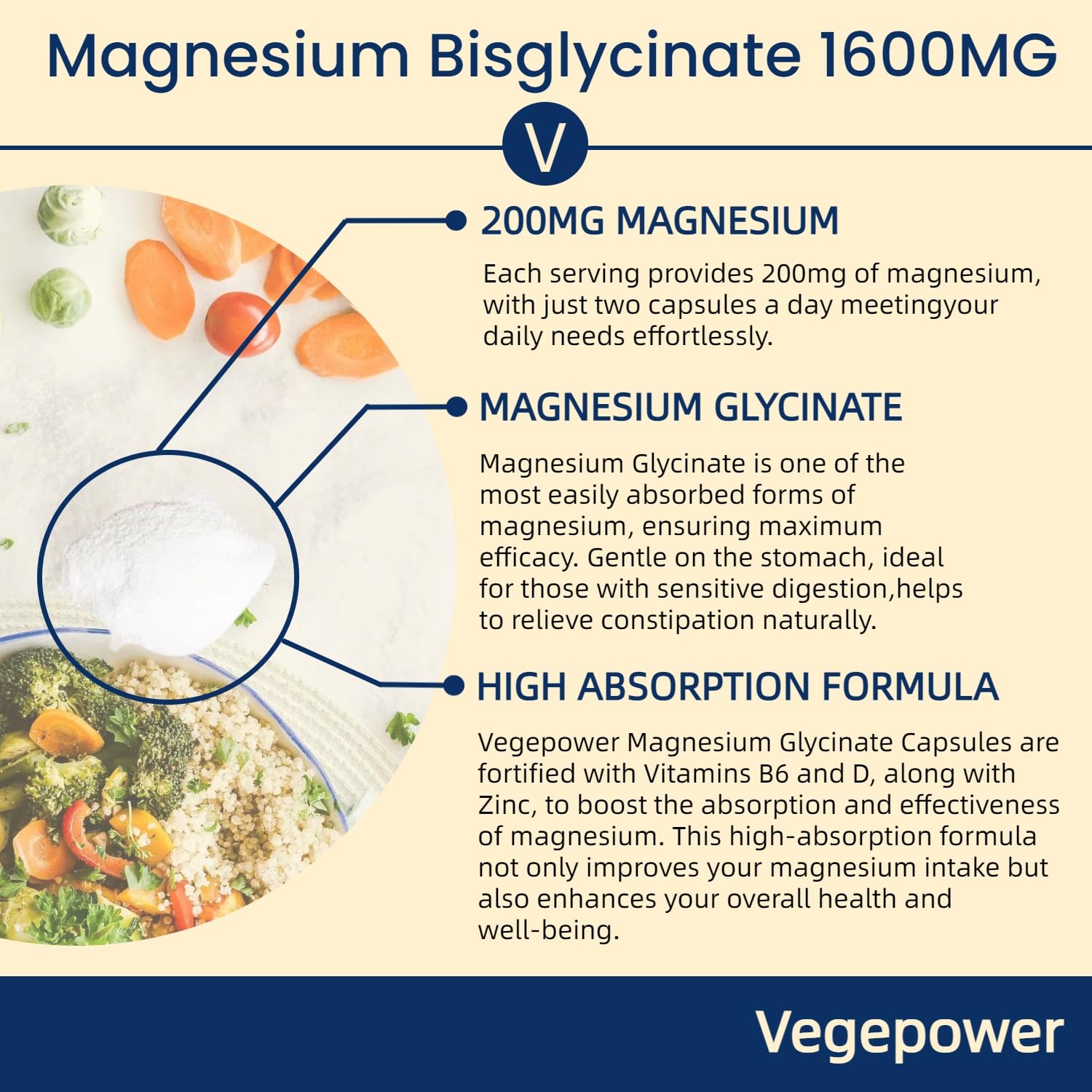 VEGEPOWER Magnesium Glycinate bottle with label signals vegan, gluten-free.