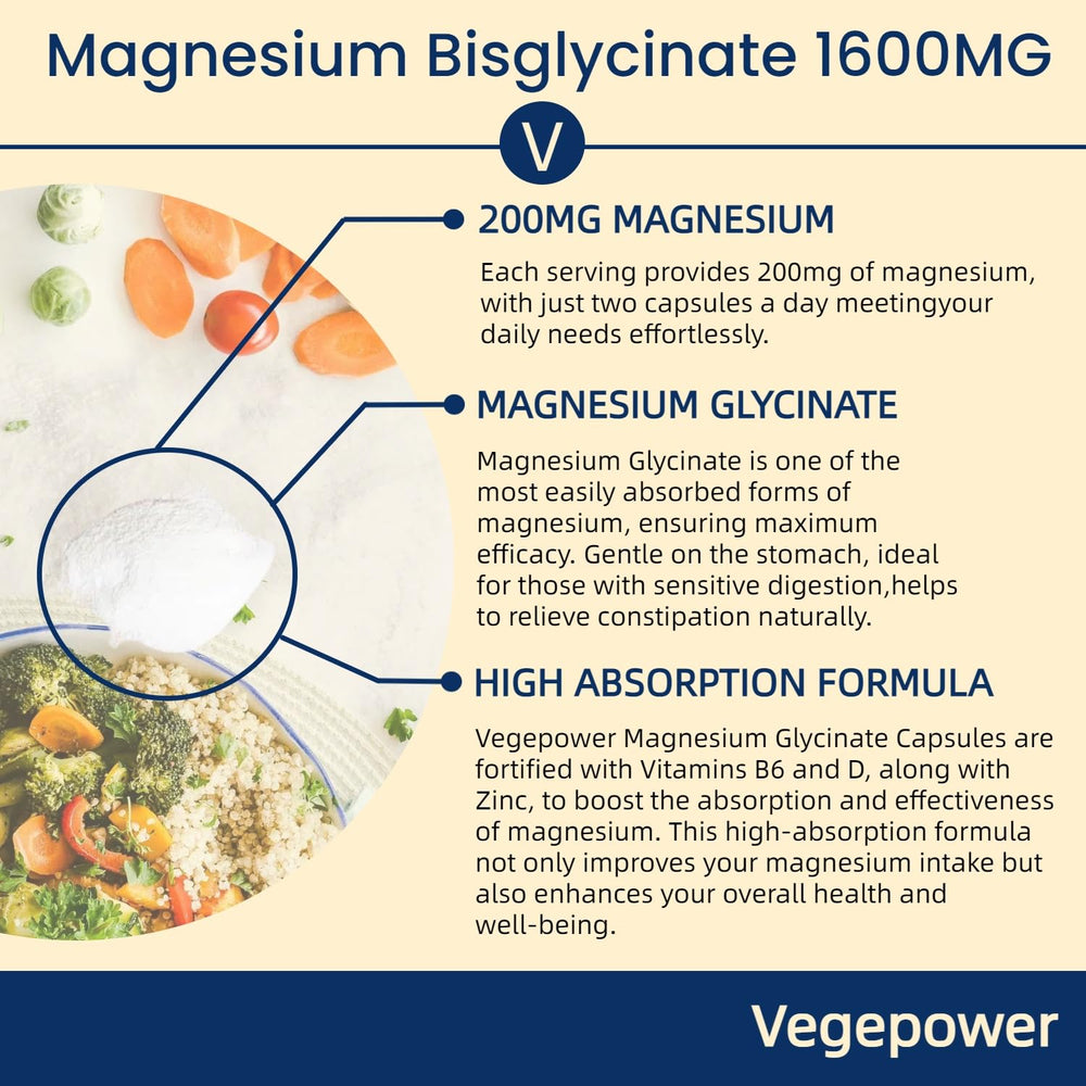VEGEPOWER Magnesium Glycinate bottle with label signals vegan, gluten-free.