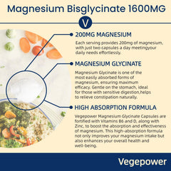 VEGEPOWER Magnesium Glycinate bottle with label signals vegan, gluten-free.