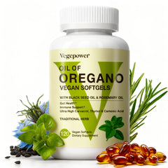 VEGEPOWER oregano oil softgels bottle for daily immune and digestive support.