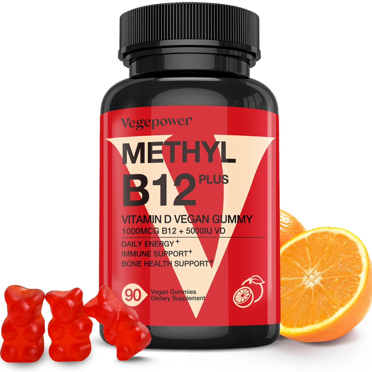 VEGEPOWER vegan D3+B12 gummies bottle showing convenient daily energy support.