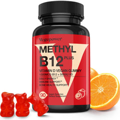 VEGEPOWER vegan D3+B12 gummies bottle showing convenient daily energy support.