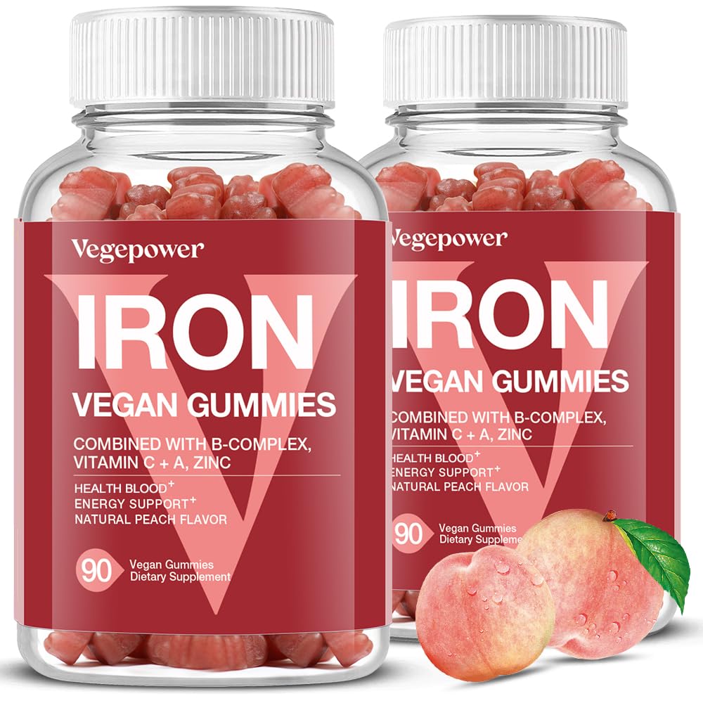VEGEPOWER vegan iron gummies peach bottle for daily iron support