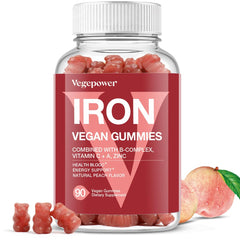 vegepower vegan iron gummies peach bottle supports daily energy and iron intake