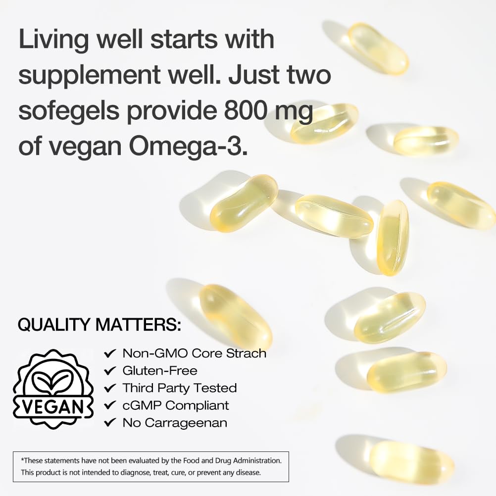 VEGEPOWER Omega-3 DHA bottle back label showing ingredients and sourcing.
