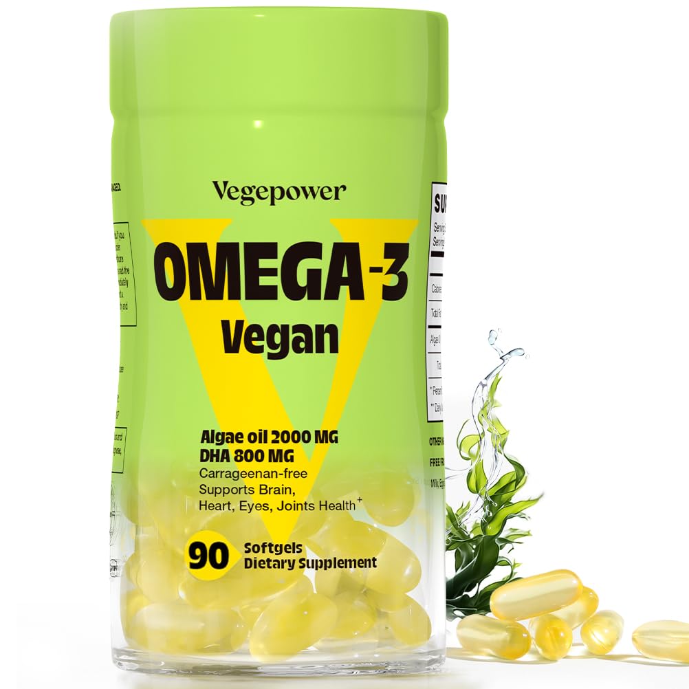 VEGEPOWER vegan Omega-3 DHA bottle front with clean label and algae sourcing.