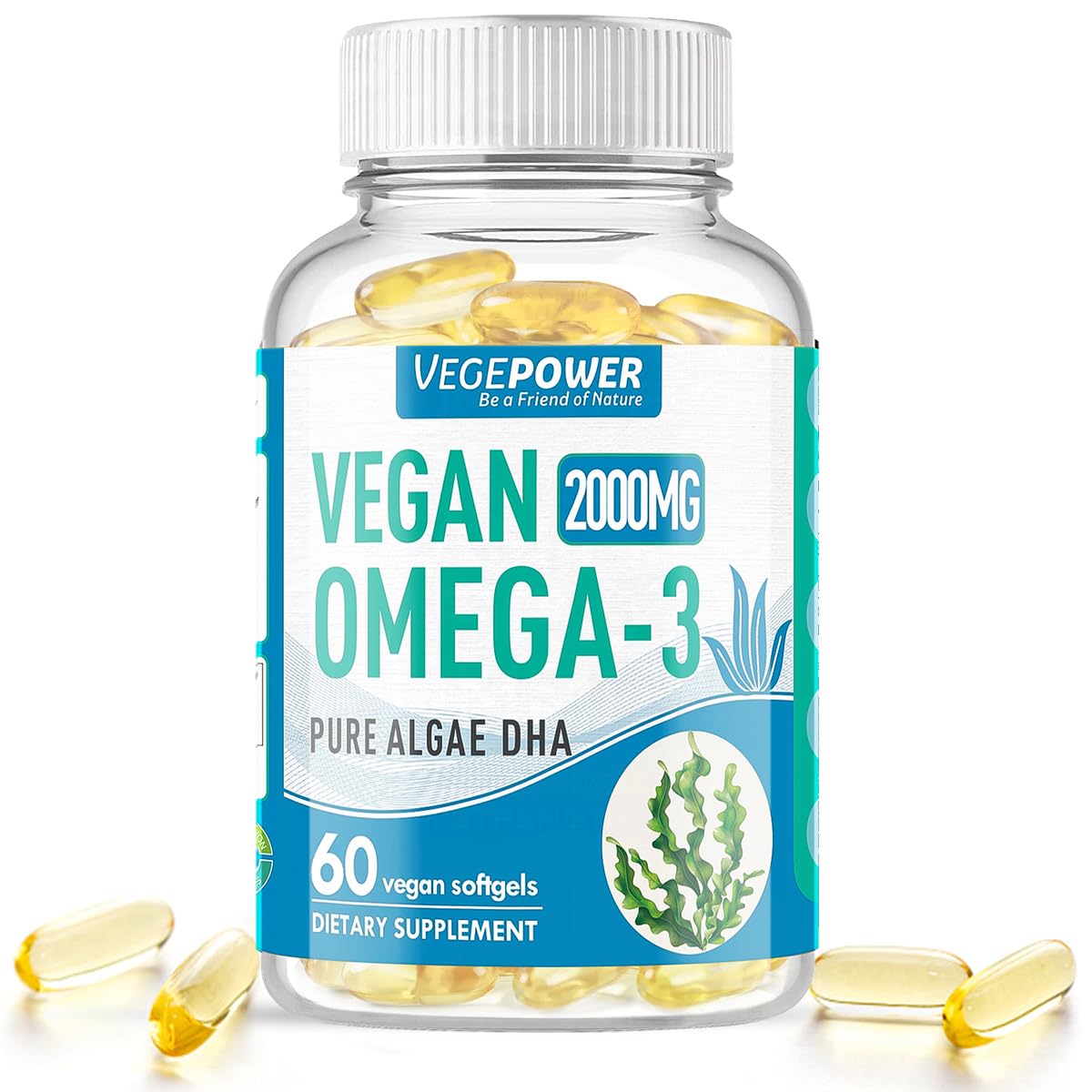 VEGEPOWER vegan omega-3 DHA 800mg bottle on display for plant-based use