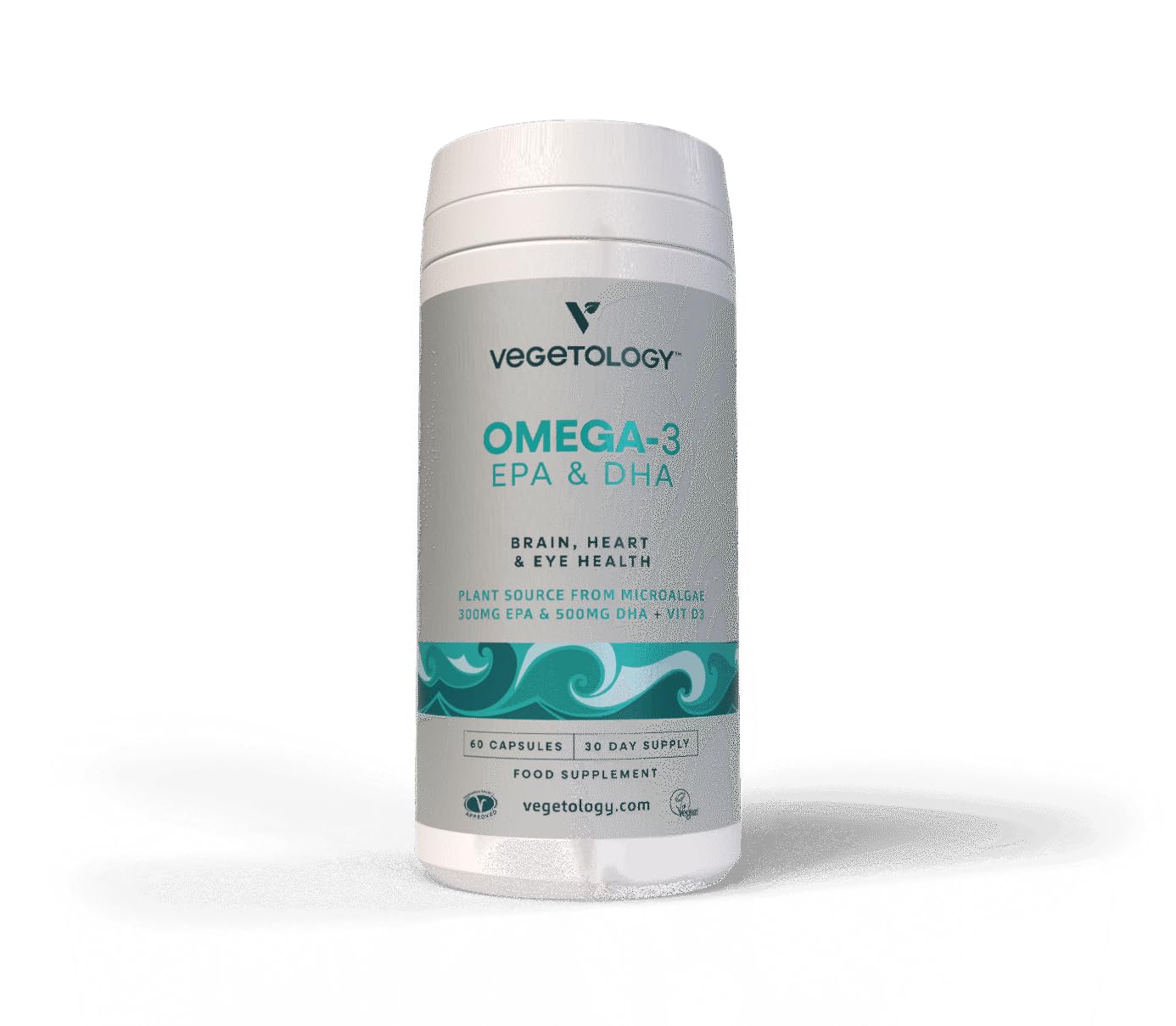 VEGETOLOGY algae-omega-3 dosage close-up shows EPA and DHA per serving.