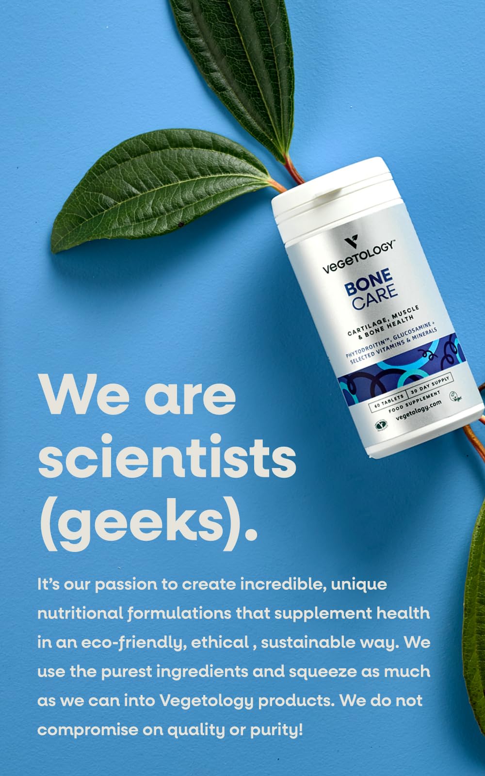 VEGETOLOGY Bone Care bottle label highlights vegan formula and minerals for joints
