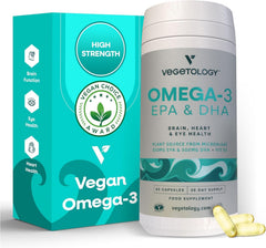 VEGETOLOGY Vegan Omega 3 bottle promotes brain and heart wellness.