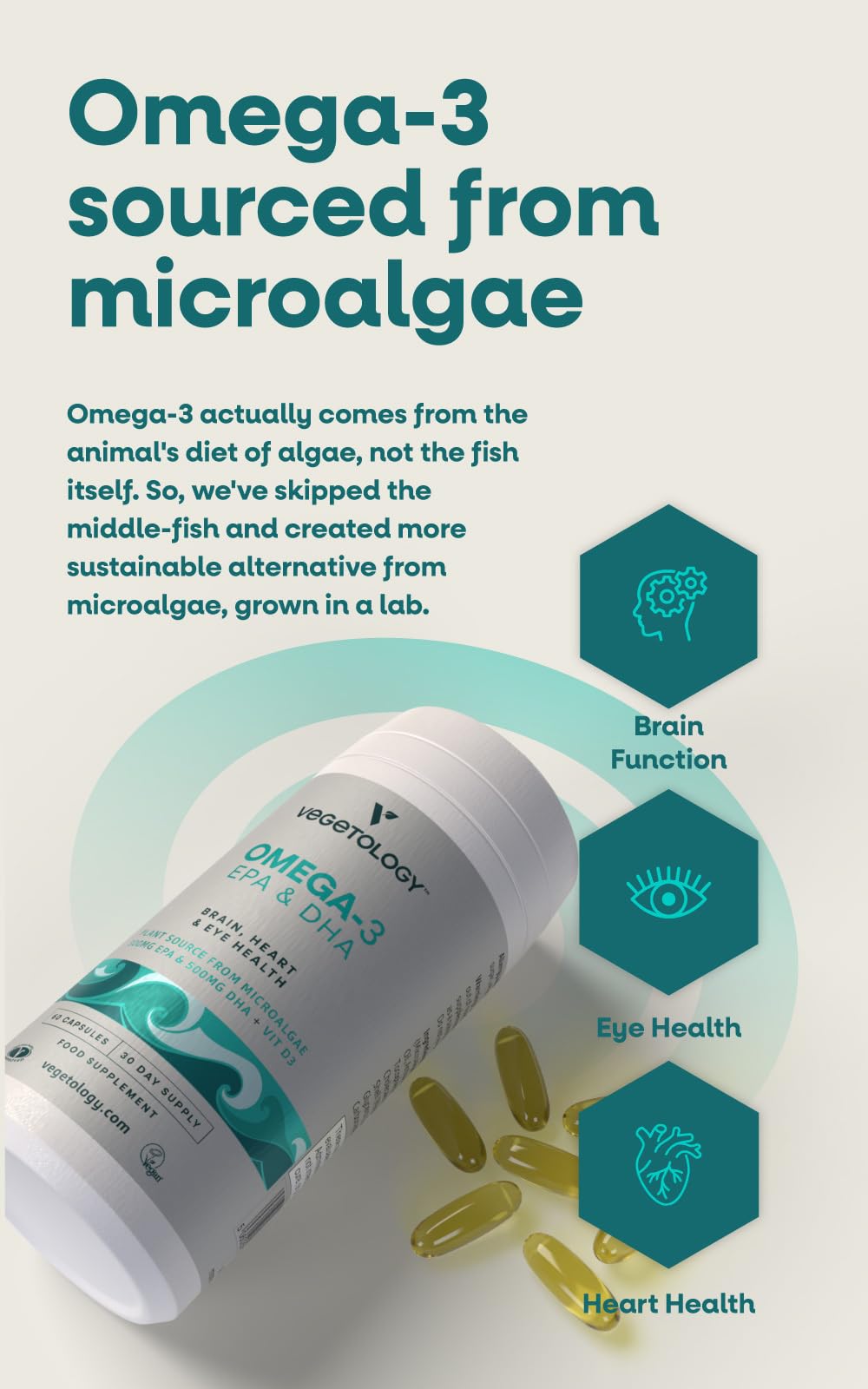 VEGETOLOGY Vegan Omega 3 label close-up highlighting algae EPA and DHA.