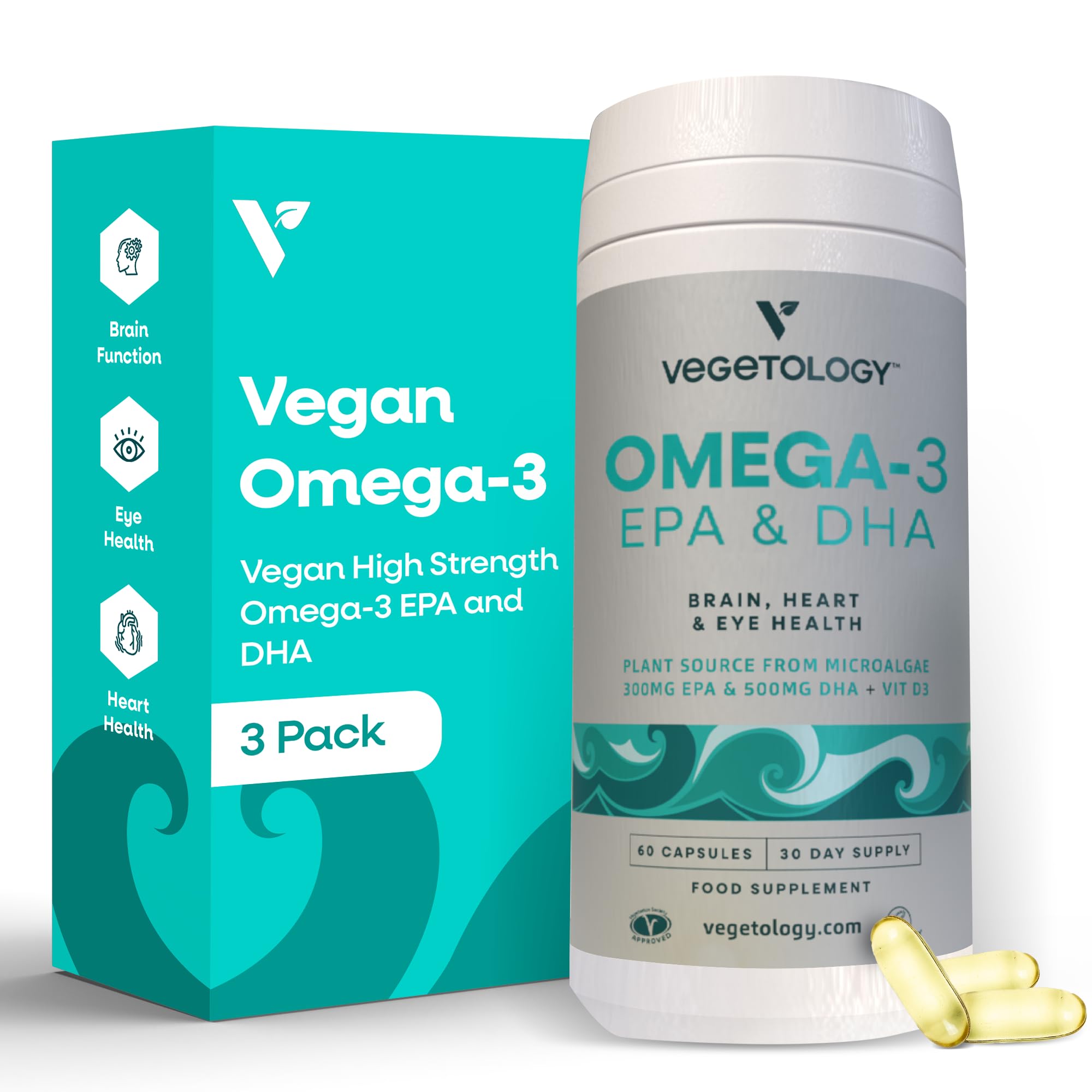 VEGETOLOGY vegan omega-3 bottle highlighting capsules for daily wellness