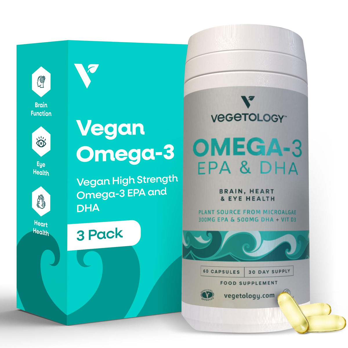 VEGETOLOGY vegan omega-3 bottle highlighting capsules for daily wellness