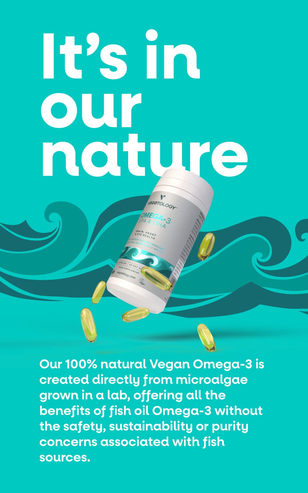VEGETOLOGY omega-3 capsules close-up showing EPA and DHA content