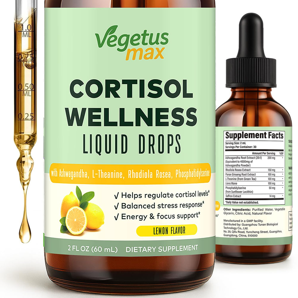 VEGETUSMAX cortisol drops bottle for stress support and mood balance.