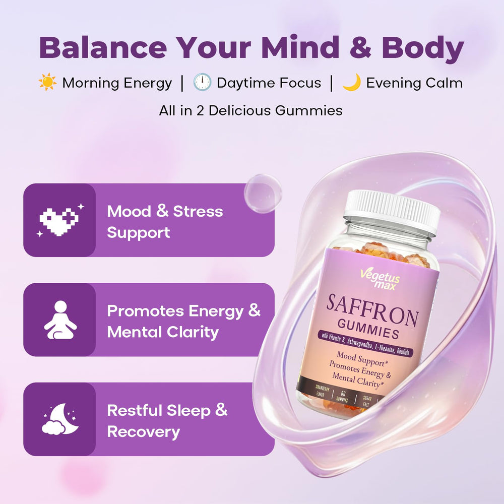 VEGETUSMAX saffron gummies jar closeup highlights natural saffron extract and easy dosing.