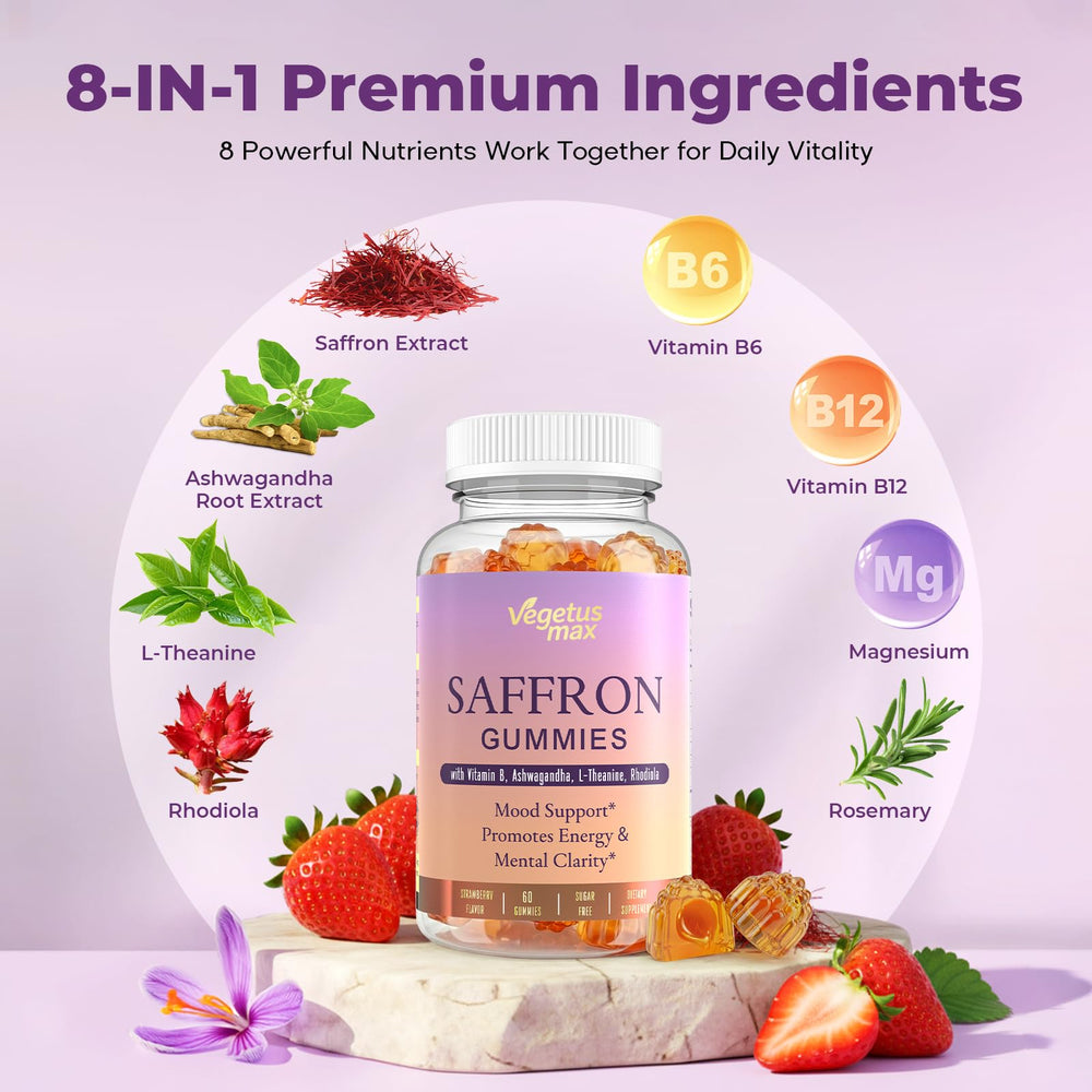 VEGETUSMAX saffron gummies label reveals vegan, non-GMO ingredients for daily wellness.