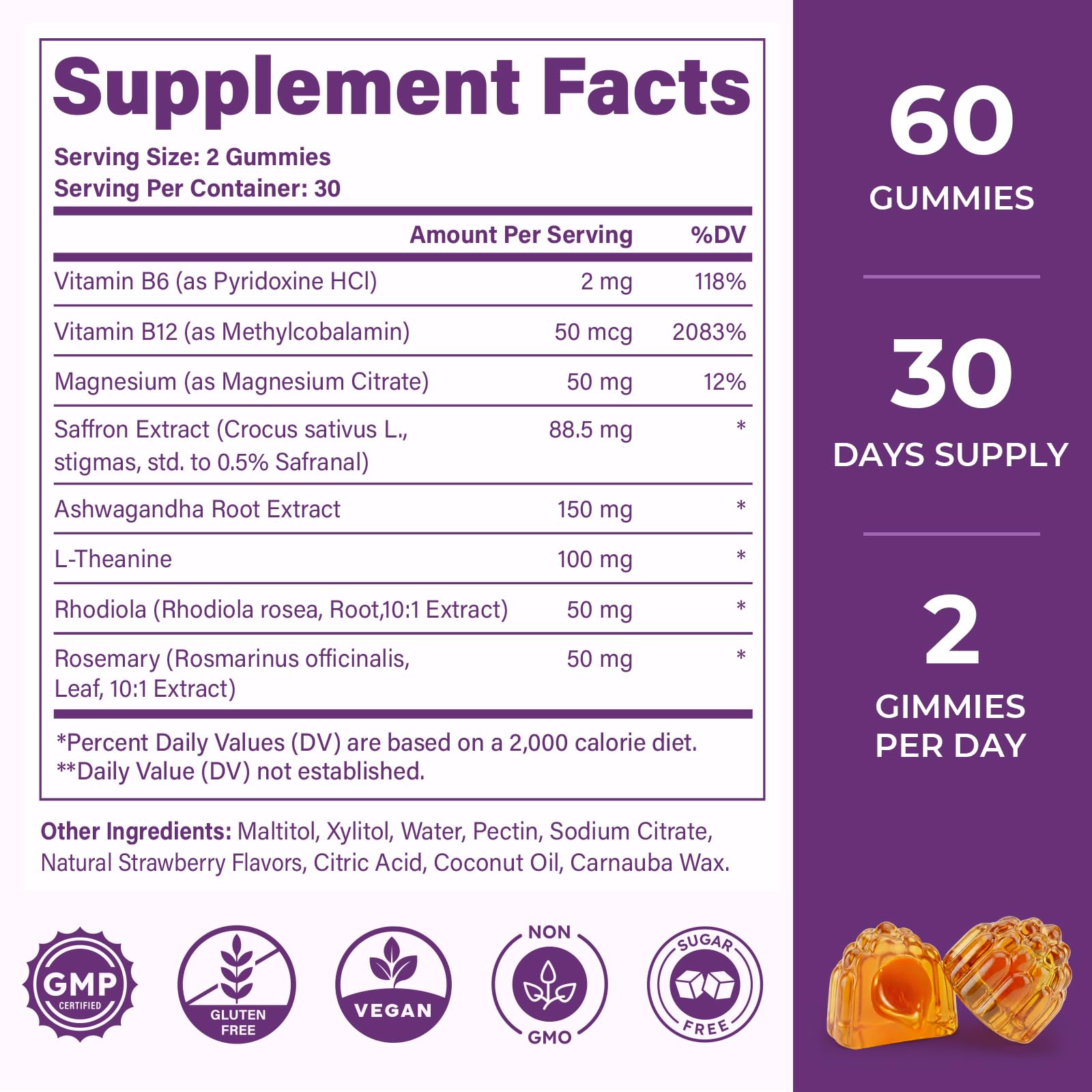 VEGETUSMAX saffron gummies vegan bottle communicates clean energy and focus without added sugar.