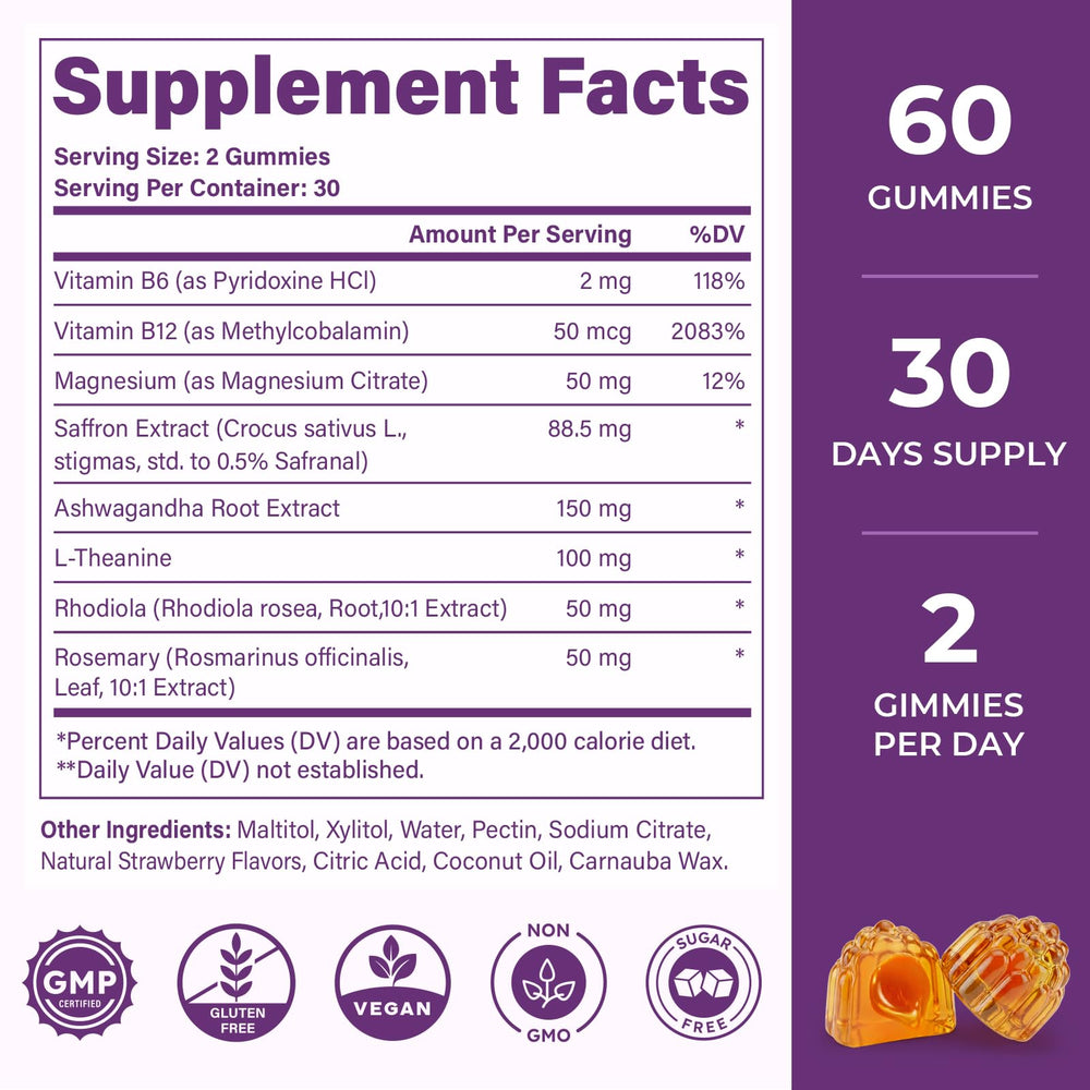 VEGETUSMAX saffron gummies vegan bottle communicates clean energy and focus without added sugar.