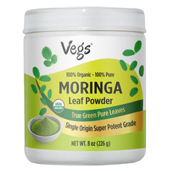 Vegs Moringa Powder packaging showcases pure, organic moringa for daily nutrition.