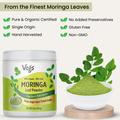 Vegs Moringa Powder being poured into a shaker for sugar-free addition.