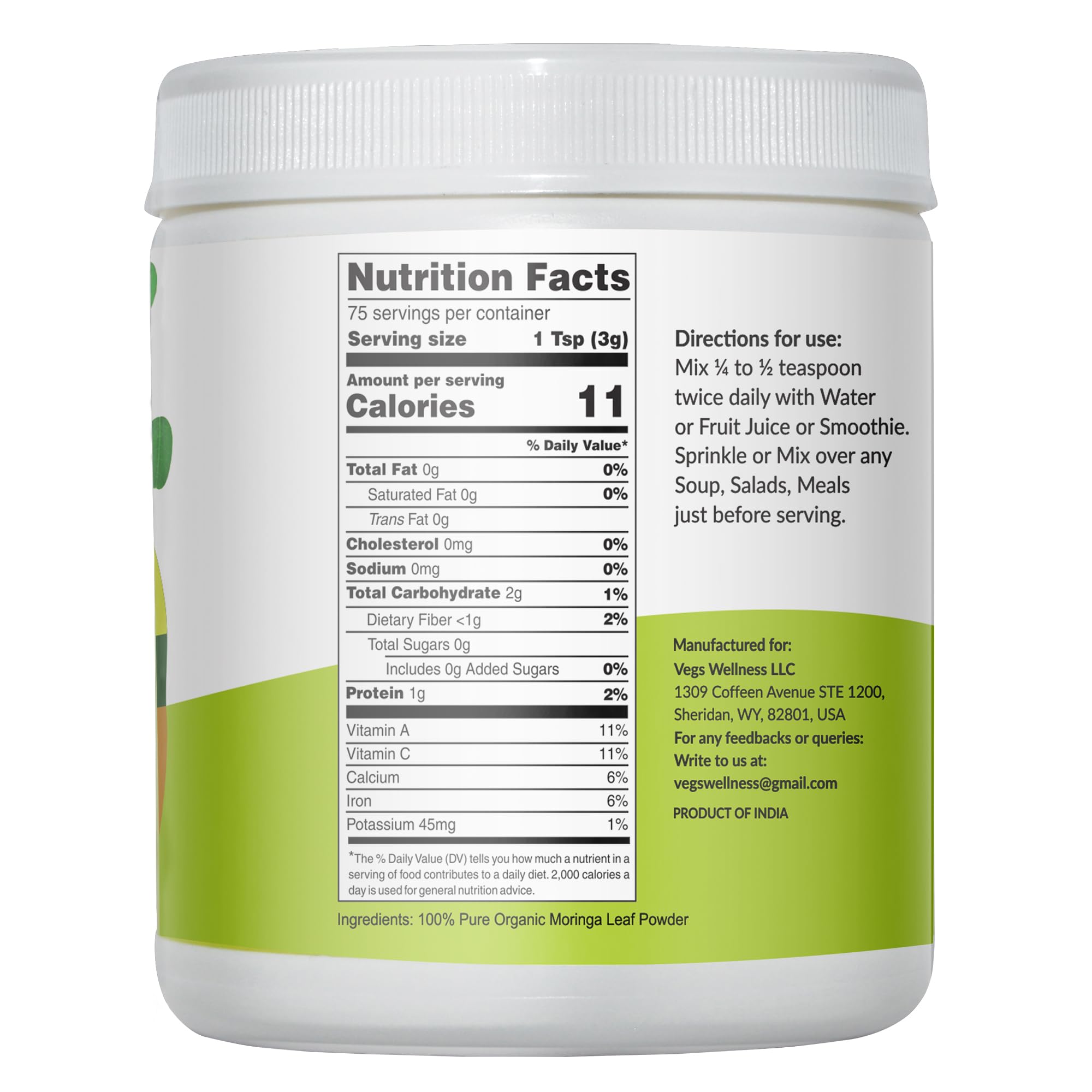 Vegs Moringa Powder with scoop for easy portioning in smoothies.