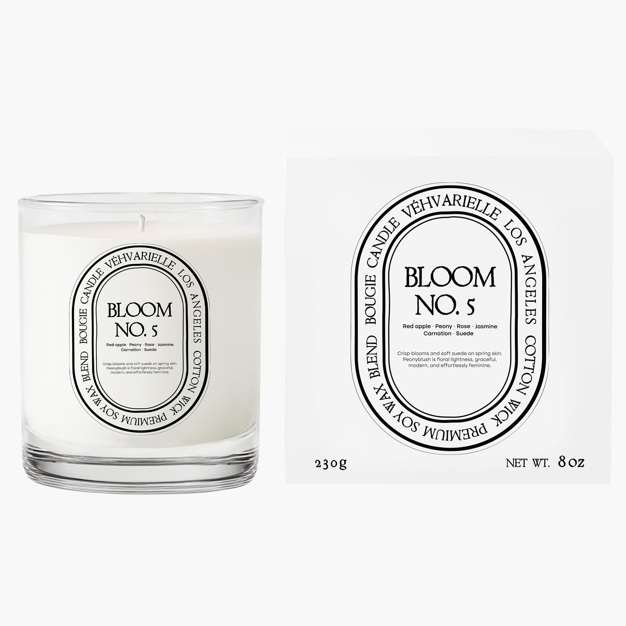 Véhvarielle Bloom No. 5 candle front view in premium glass jar for elegant ambiance.