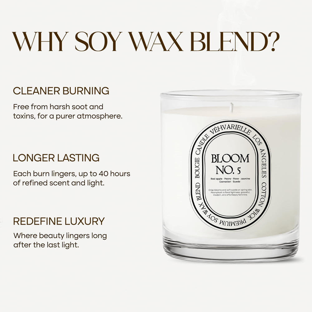 Véhvarielle Bloom No. 5 candle in a living room setup creating a cozy atmosphere.