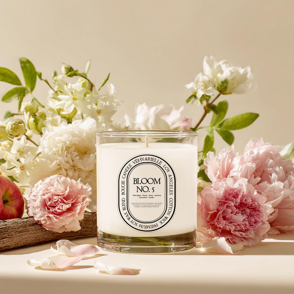 Véhvarielle Bloom No. 5 candle jar detail highlighting smooth finish for refined home decor.